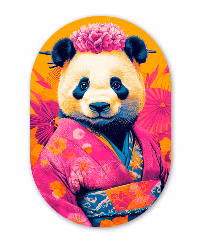 Muurovaal aluminium - Kimono - Roze - Panda - Bloemenkroon