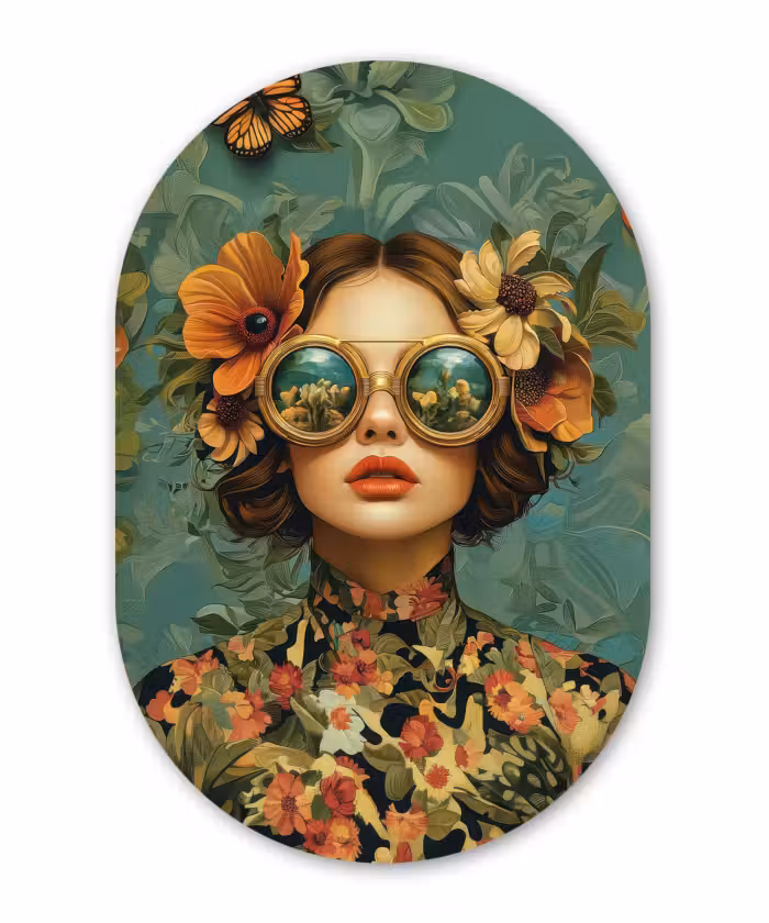 Muurovaal aluminium - Vrouw - Bloemen - Vlinders - Natuur - Vintage