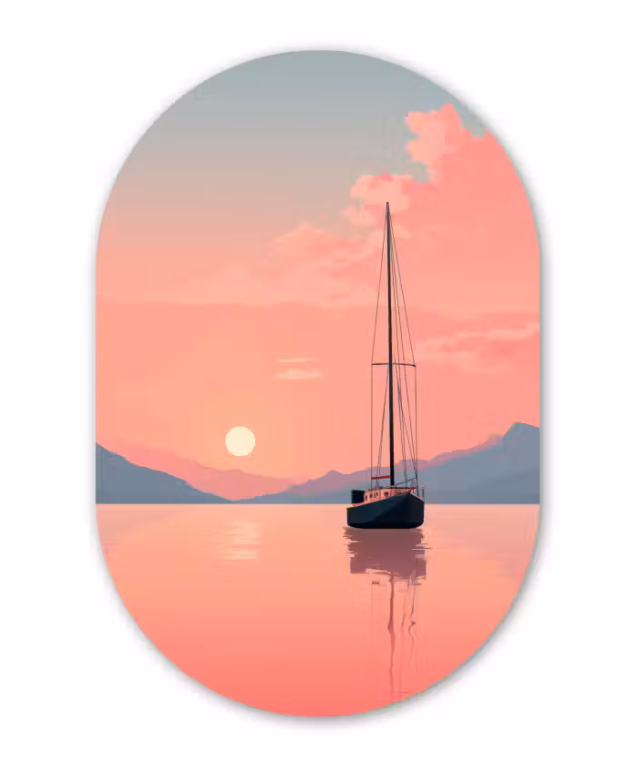 Muurovaal aluminium - Zeilboot - Roze zee - Zonsondergang - Bergen
