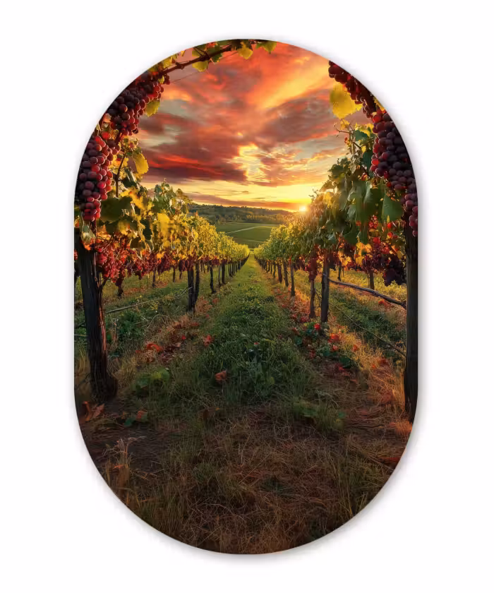 Muurovaal - Glas - Wijngaard - Druiven - Zonsondergang