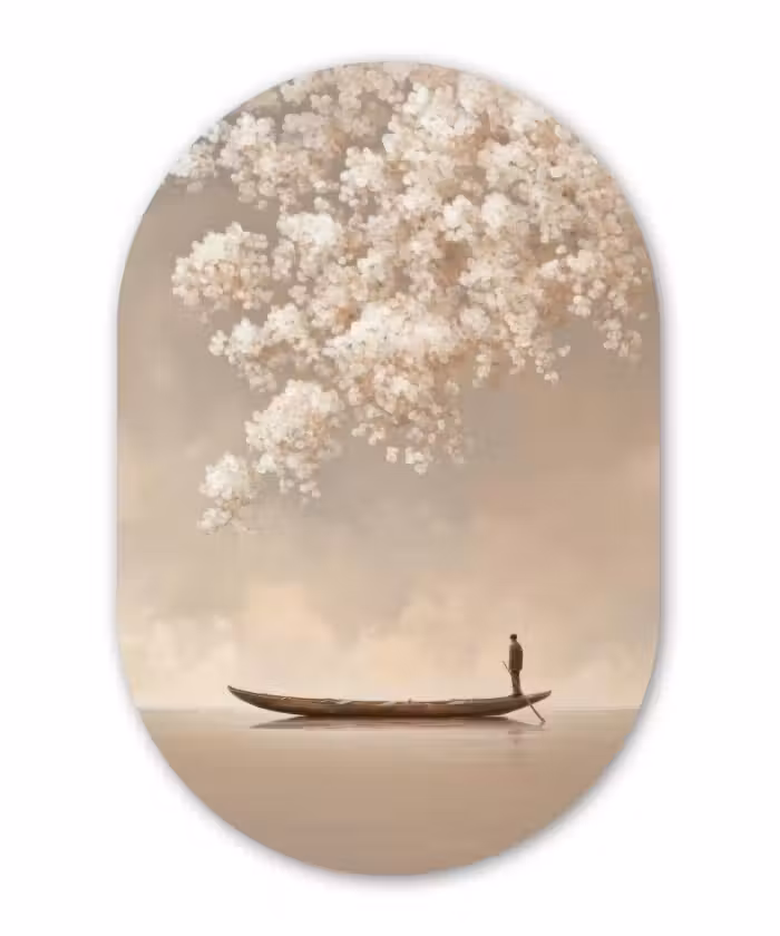 Muurovaal - Kunststof - Bloesems - Wit - Boot - Minimalistisch