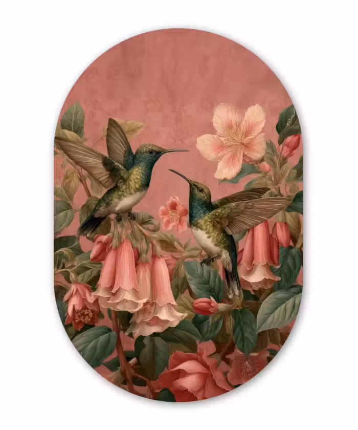 Muurovaal - Kunststof - Kolibries - Bloemen - Groen - Roze