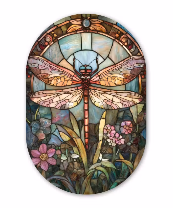 Muurovaal - Kunststof - Libelle - Mozaïek - Bloemen - Kleurrijk