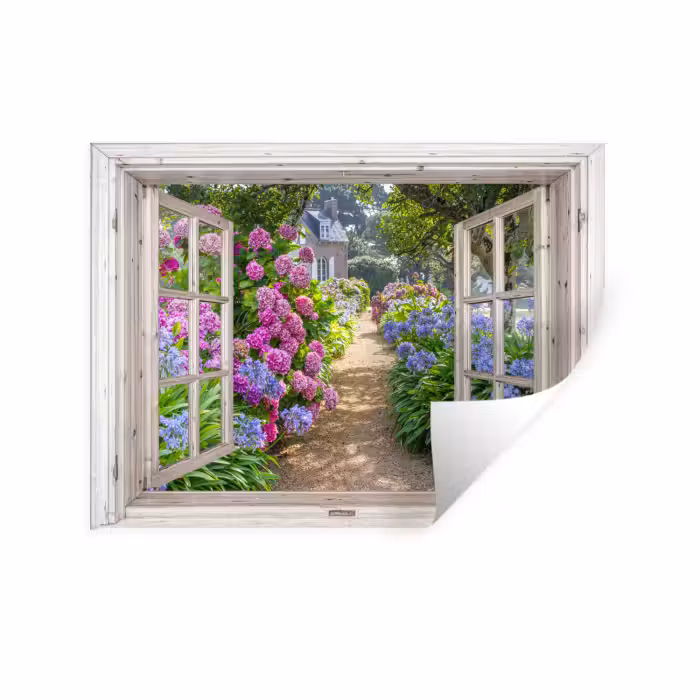 Muursticker - Hortensia - Doorkijk - Bloemen - Zomer - Paars - Pad