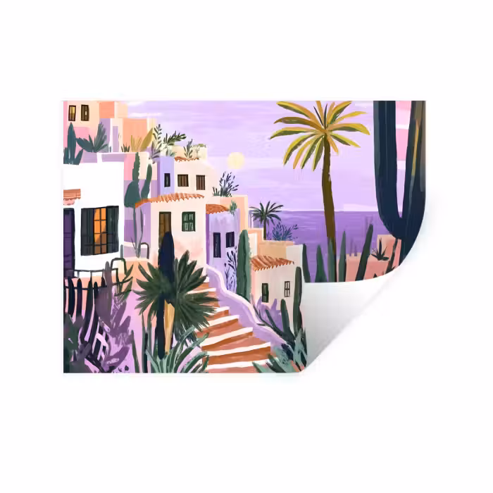Muursticker - Huizen - Minimalistisch - Palmbomen - Kust