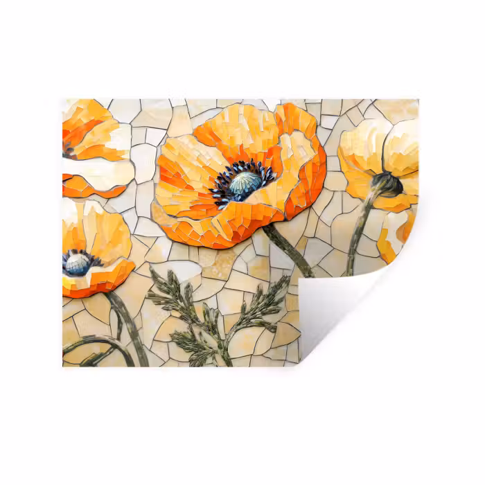 Muursticker - Klaprozen - Oranje - Mozaïek - Bladeren