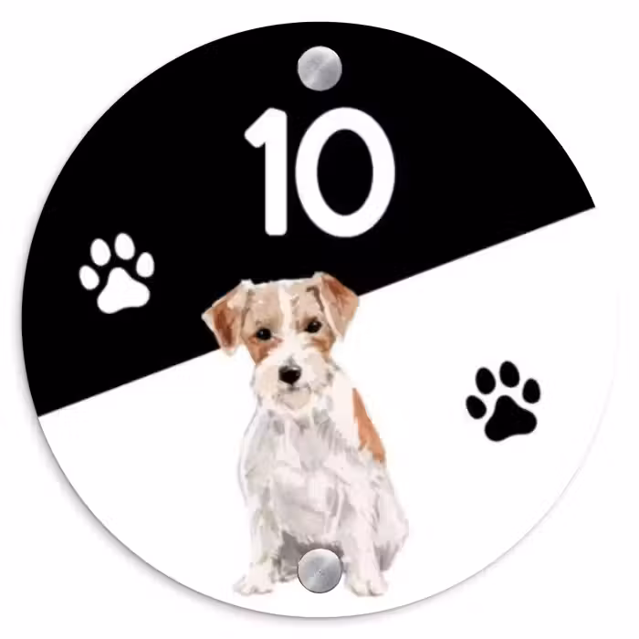 Naambordje voordeur - Rond - Zwart wit - Huisdier - Jack Russel