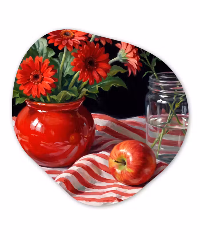 Organisch schilderij - Glas - Rode bloemen - Vaas