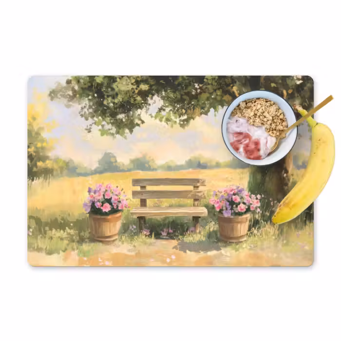 Placemat - 6 stuks - Houten bankje - Bloempotten - Landschap