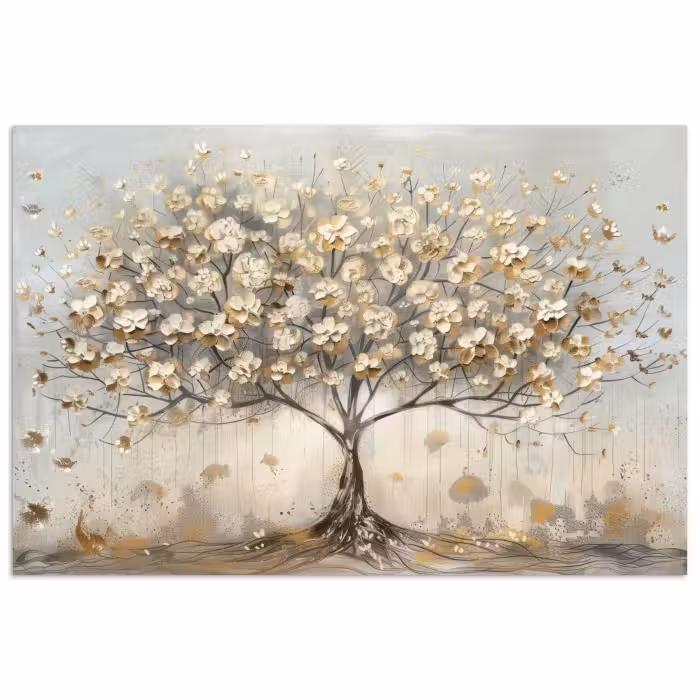 Poster - Boom - Beige - Goud - Verflook - Grijs