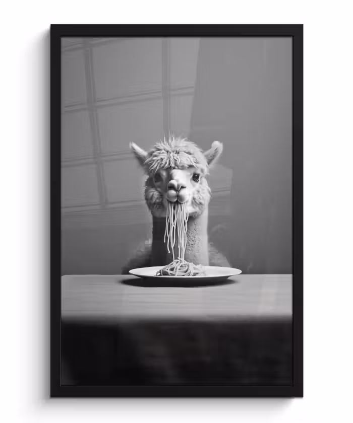 Poster met lijst - Alpaca - Pasta - Zwart - Wit - Grappig - Dieren
