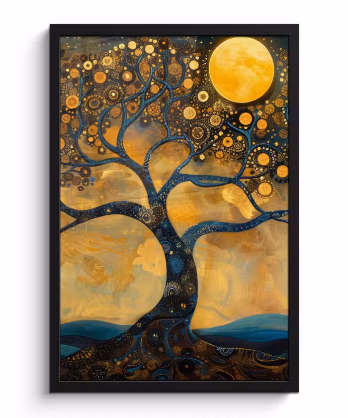 Poster met lijst - Boom - Maan - Bloemen - Goud - Kunst