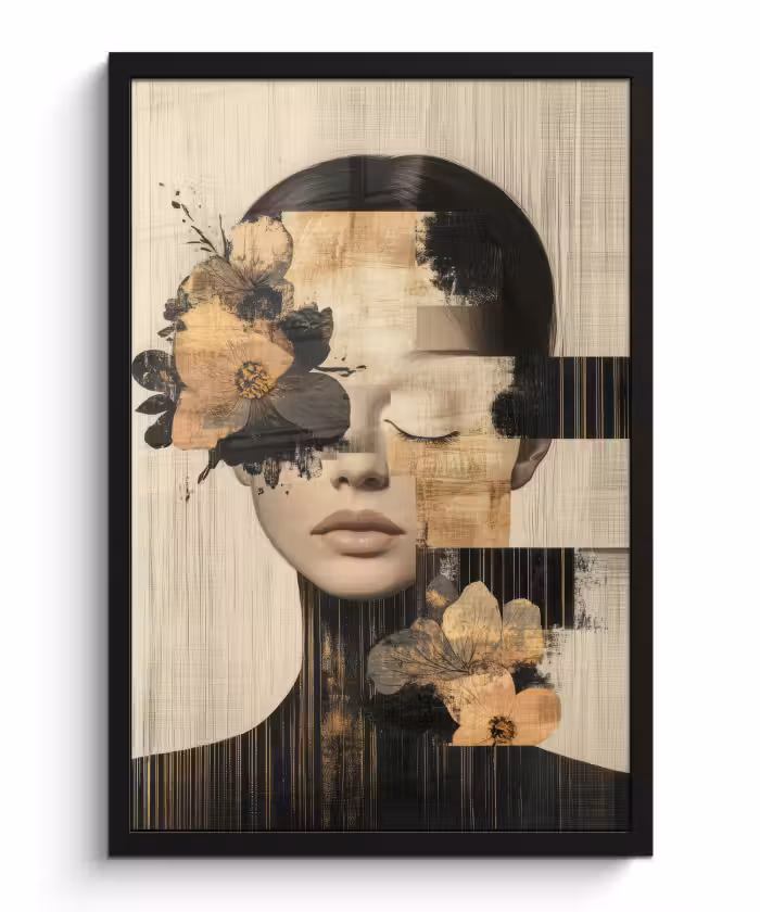 Poster met lijst - Gezicht - Bloemen - Zwart - Vrouw