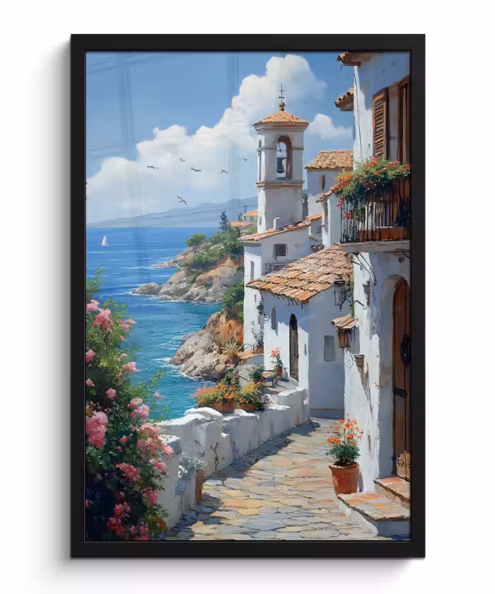 Poster met lijst - Huizen - Zee - Bomen - Bloemen