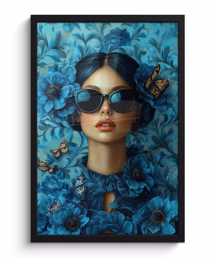 Poster met lijst - Vrouw - Bloemen - Vlinders - Blauw - Abstract