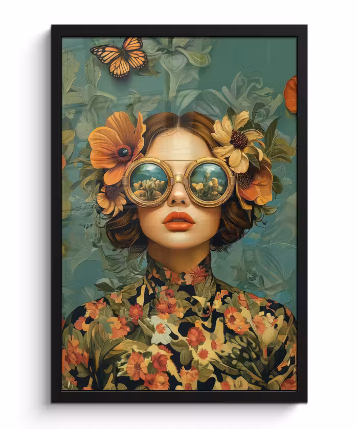 Poster met lijst - Vrouw - Bloemen - Vlinders - Natuur - Vintage