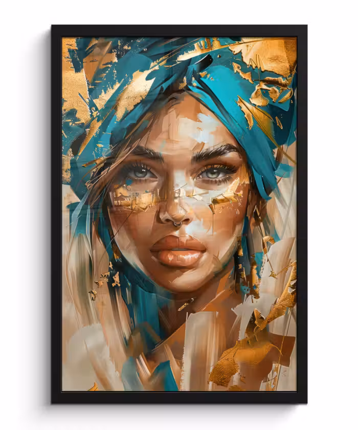 Poster met lijst - Vrouw - Portret - Goud - Luxe - Blauw