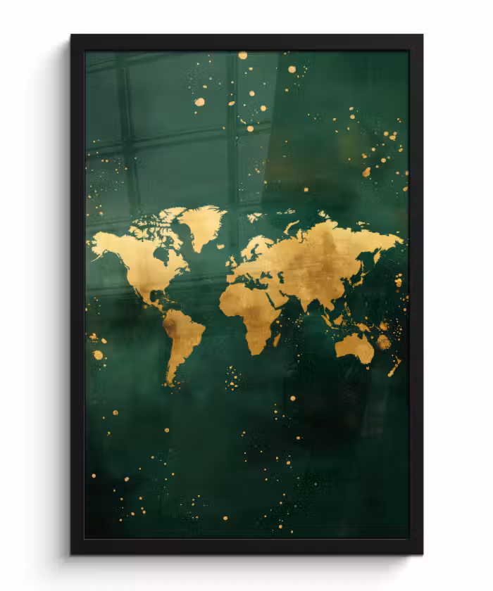 Poster met lijst - Wereldkaart - Groen - Goud