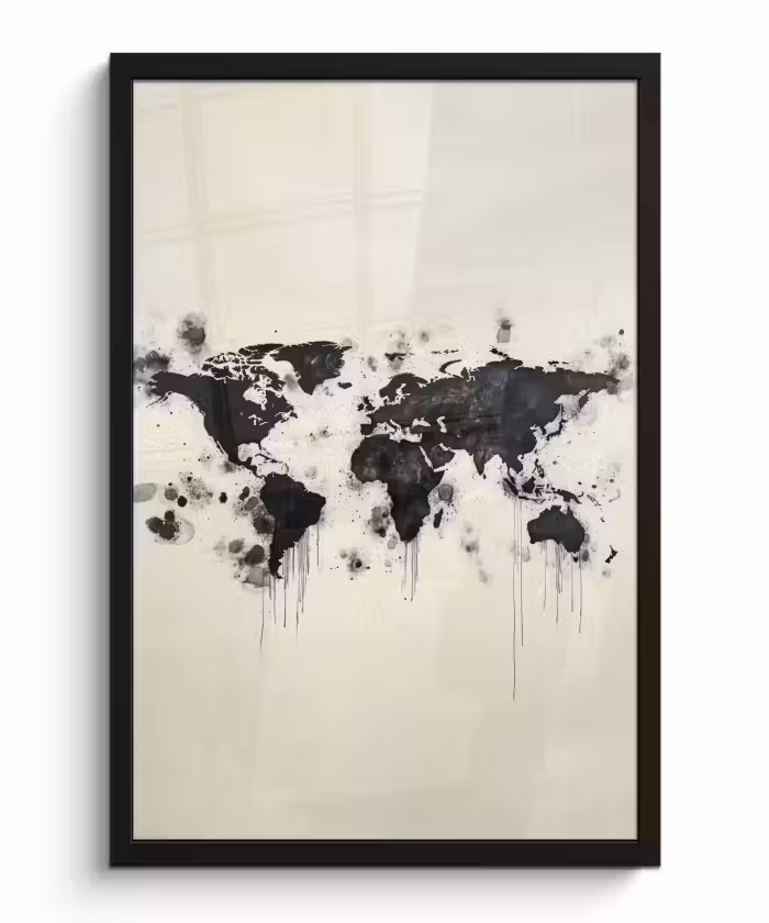Poster met lijst - Wereldkaart - Zwart - Inkt