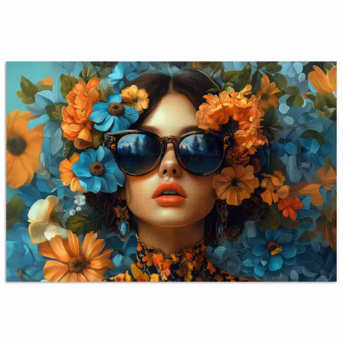 Poster - Vrouw - Bloemen - Oranje - Blauw - Modern