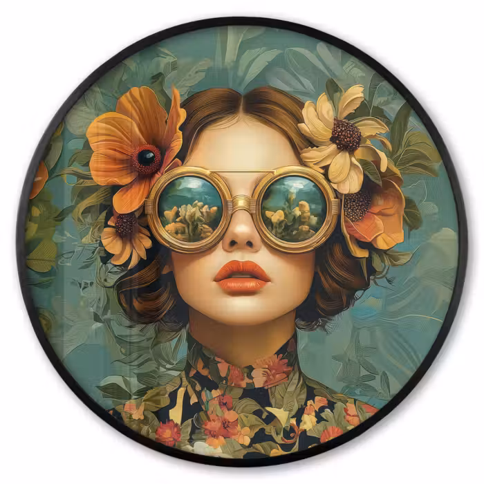 Ronde fotolijst - Vrouw - Bloemen - Vlinders - Natuur - Vintage
