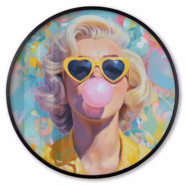 Ronde fotolijst - Vrouw - Blond - Roze kauwgom - Kleurrijk - Pastel
