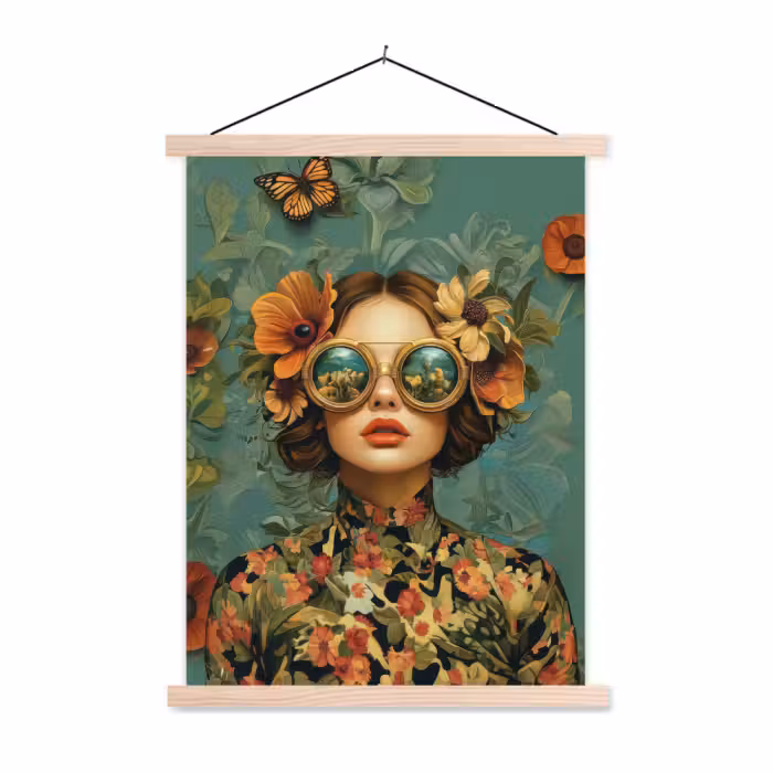 Schoolplaat - Vrouw - Bloemen - Vlinders - Natuur - Vintage