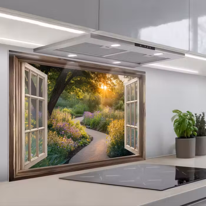 Spatscherm keuken - Doorkijk - Bloemen - Natuur - Zon - Pad