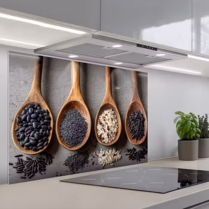 Spatscherm keuken - Houten - Lepels - Rijst - Zaden