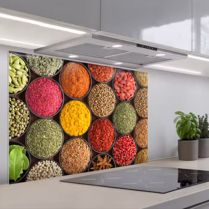 Spatscherm keuken - Kruiden - Schaaltjes - Kleurrijk - Textuur