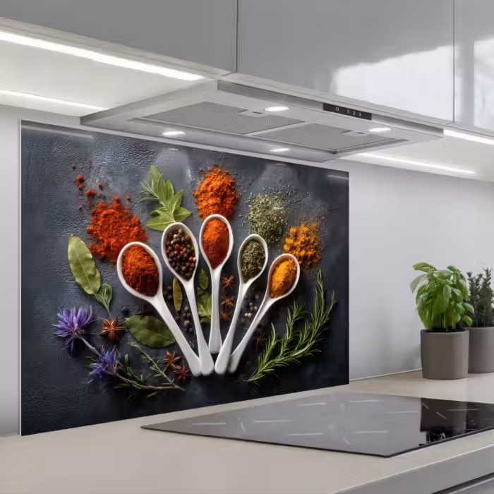 Spatscherm keuken - Lepels - Wit - Poeder - Kruiden
