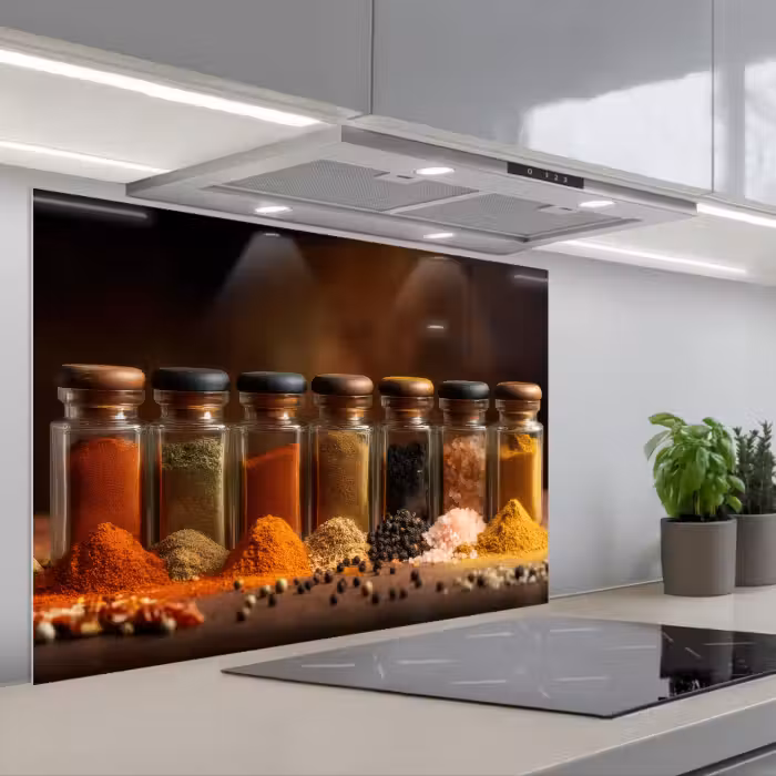 Spatscherm keuken - Potjes - Kruiden - Specerijen - Korrels