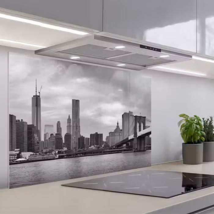 Spatscherm keuken - Skyline - Brug - Gebouwen - Kleurloos