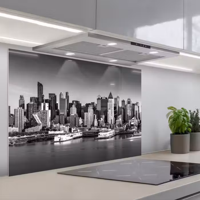 Spatscherm keuken - Skyline - Stad - Wolkenkrabbers - Zwart - Wit