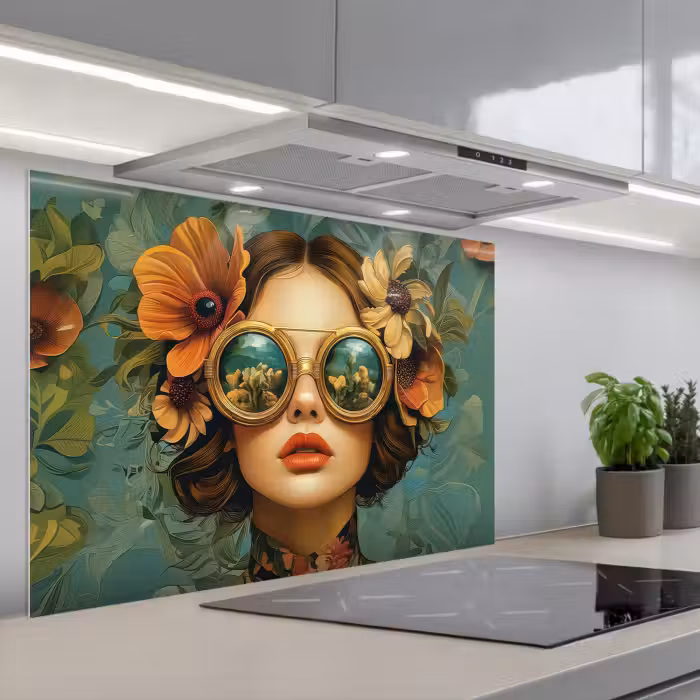 Spatscherm keuken - Vrouw - Bloemen - Vlinders - Natuur - Vintage