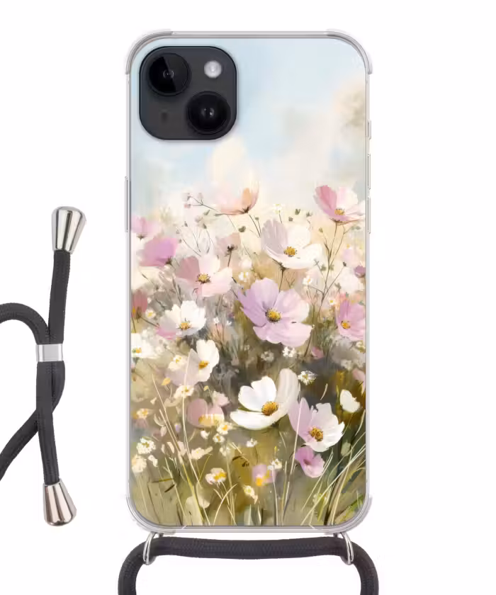 Telefoonhoesje crossbody - Bloemenveld - Lichte tinten - Geschilderd