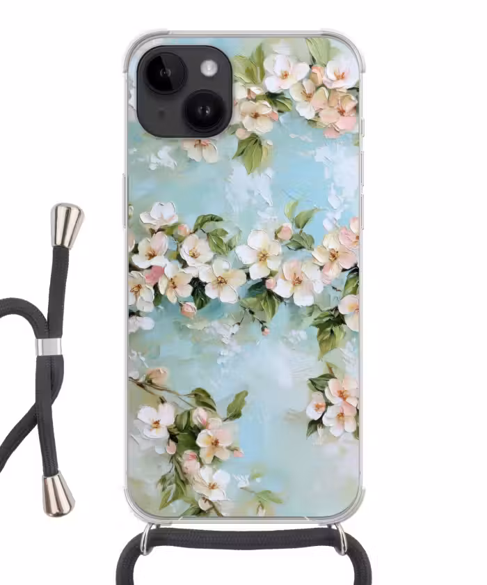 Telefoonhoesje crossbody - Bloesem - Bladeren - Lichtblauw