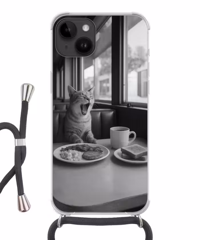 Telefoonhoesje crossbody - Kat - Koffie - Brood - Zwart