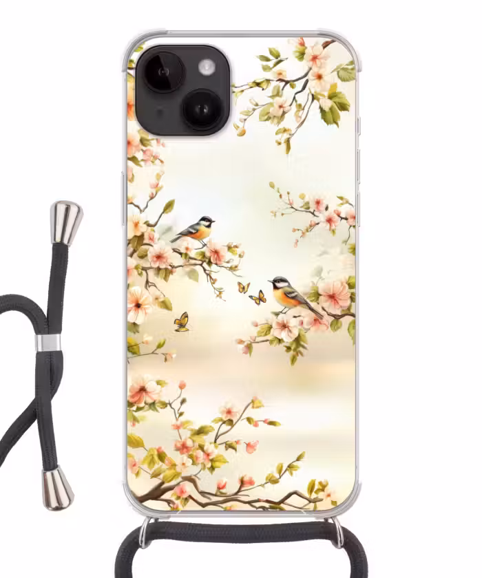 Telefoonhoesje crossbody - Takken - Bloemen - Vogeltjes - Roze
