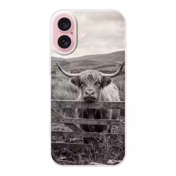 Telefoonhoesje - Schotse hooglander - Zwart - Wit - Hout