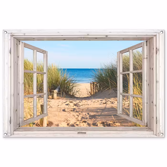 Tuinposter - Doorkijk - Strand - Zee - Duinen - Zand - Water - Helmgras