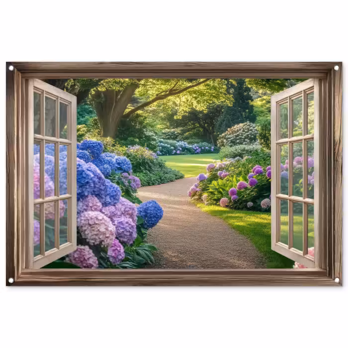 Tuinposter - Doorkijk - Tuin - Raam - Hortensia - Bloemen