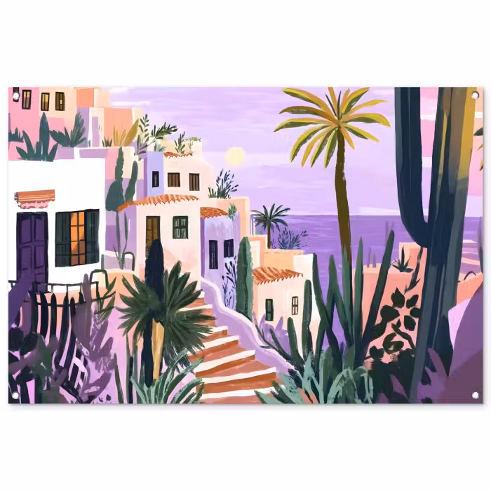 Tuinposter - Huizen - Minimalistisch - Palmbomen - Kust