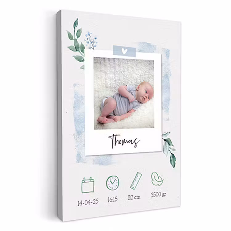 Geboorteposter foto blauw op canvas — 1