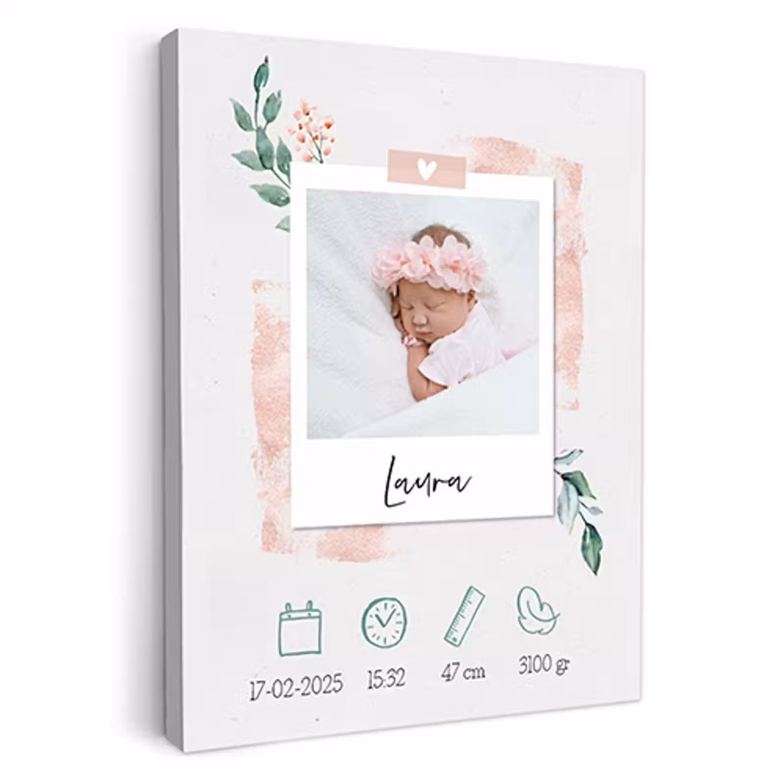 Geboorteposter foto roze op canvas — 1