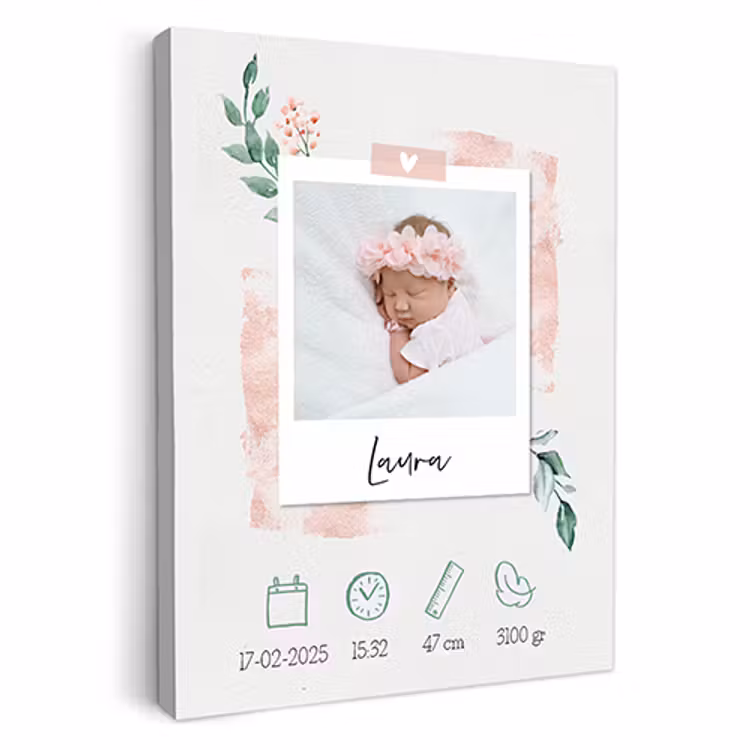 Geboorteposter foto roze op canvas — 1