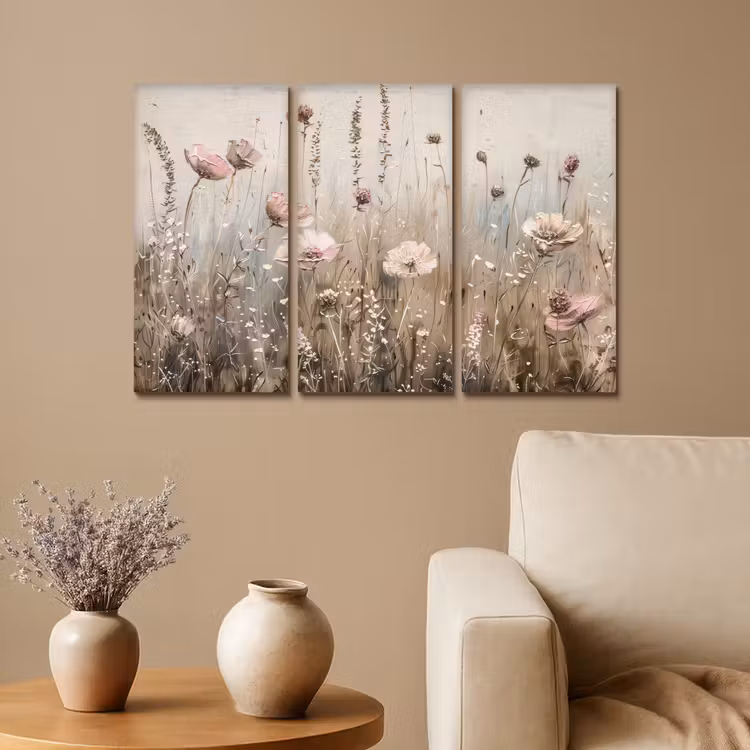 Meerluik schilderij - 3 luiken - Bloemen - Beige - Modern - Roze — 1