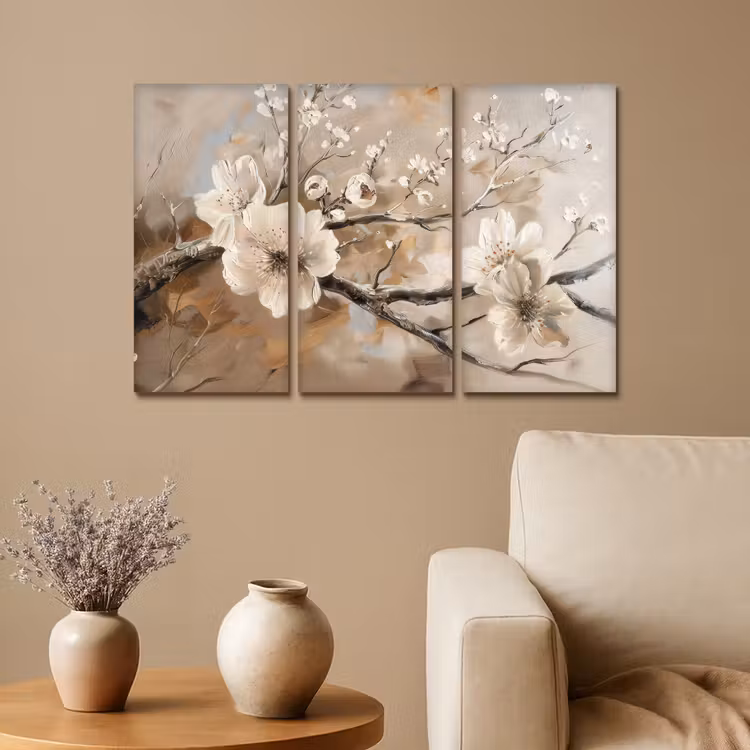 Meerluik schilderij - 3 luiken - Bloesem - Beige - Abstract - Bloemen — 1