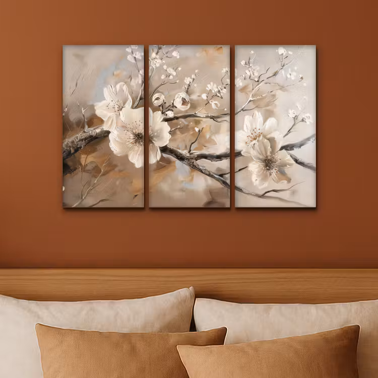 Meerluik schilderij - 3 luiken - Bloesem - Beige - Abstract - Bloemen — 3