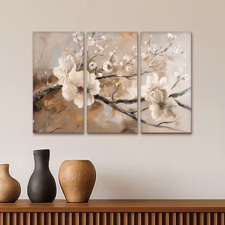 Meerluik schilderij - 3 luiken - Bloesem - Beige - Abstract - Bloemen — 4